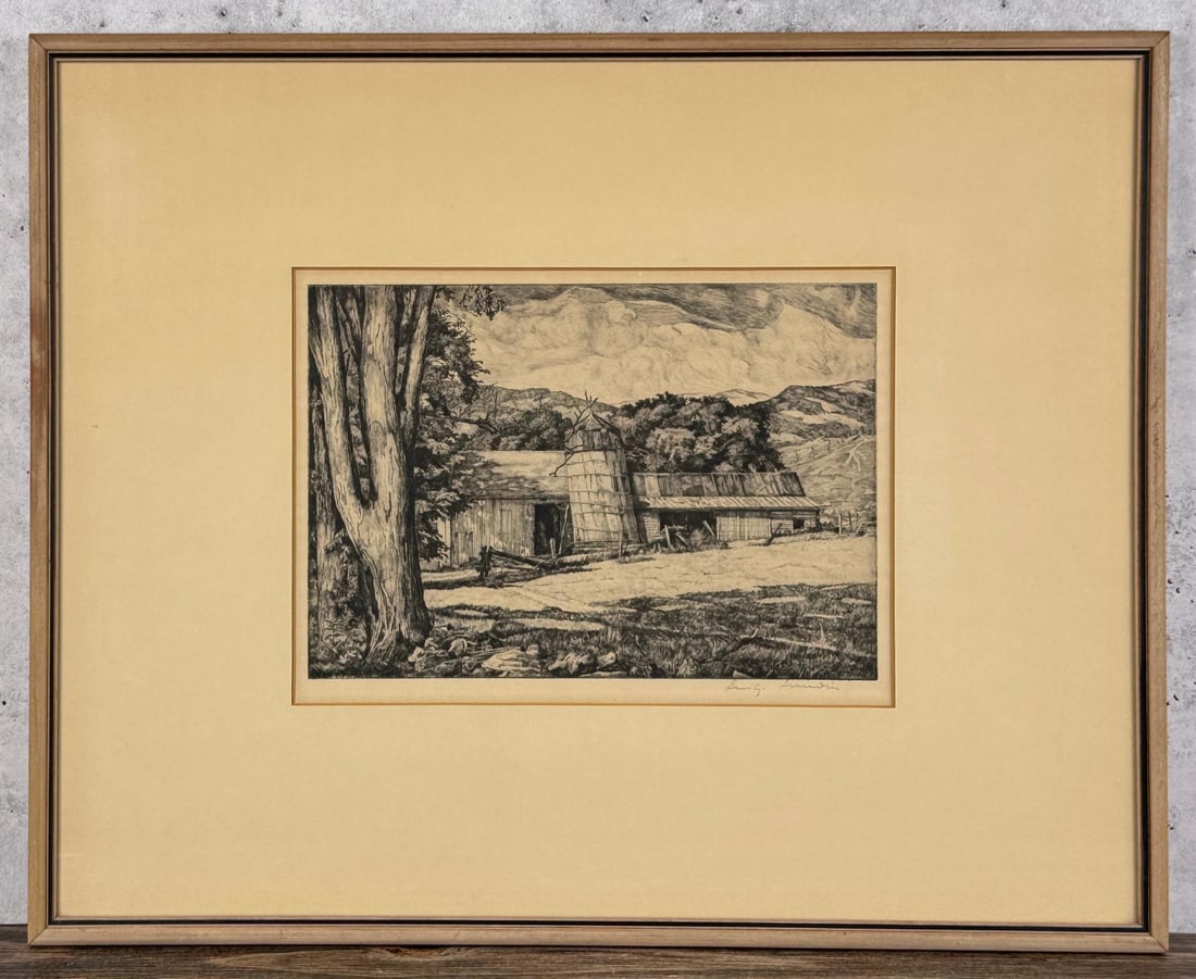 Luigi Lucioni The Leaning Silo Etching: 8" by 11" unframed, 16 7/8" by 20 7/8" framed. Associated American Artists. Born in Malnate, Italy, in 1900, Luigi Lucioni became one of America's well-known landscape painters, whose work has been no