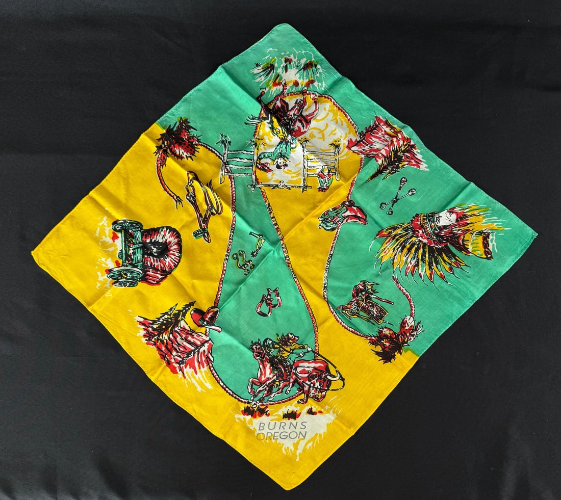 Burns Oregon Cowboys & Indians Silk Handkerchief: 23" by 23".