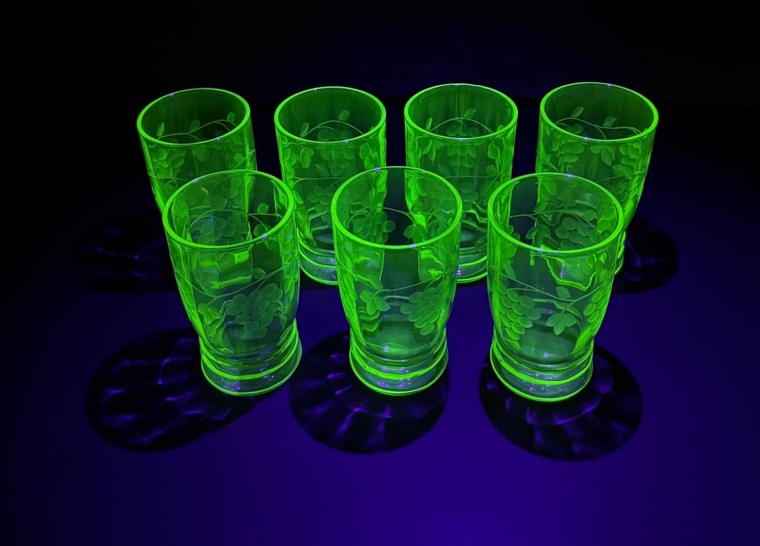 Uranium Green Depression Glass Juice Tumblers: 3 3/4" tall.