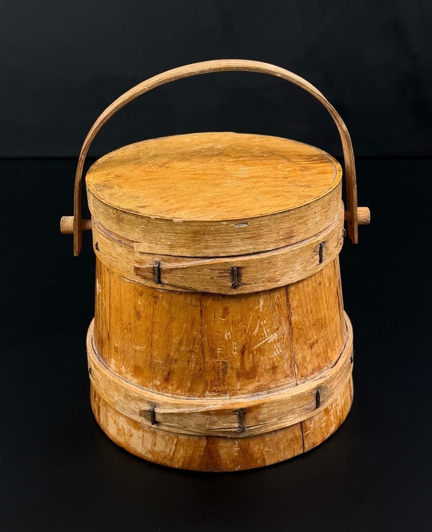 Antique Primitive Shaker Wood Firkin: 6 3/4" tall, 5 3/8" diameter.
