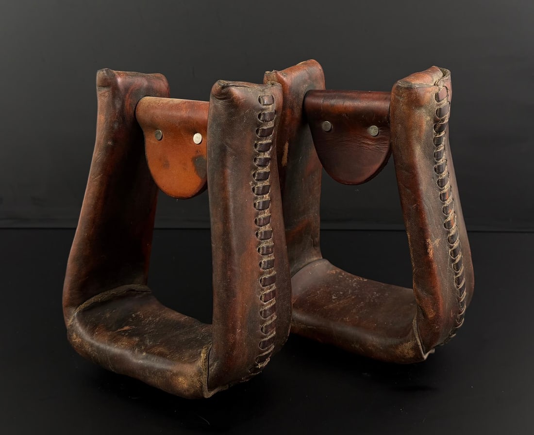 Leather Wrapped Montana Cowboy Saddle Stirrups: 3 1/2" by 6 3/4" by 9".