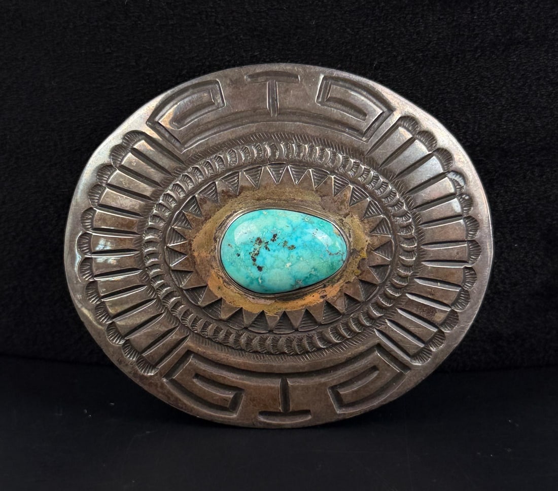 Henry Morgan Navajo Sterling Turquoise Belt Buckle: 2 7/8" by 3 1/4". 85.15 grams.
