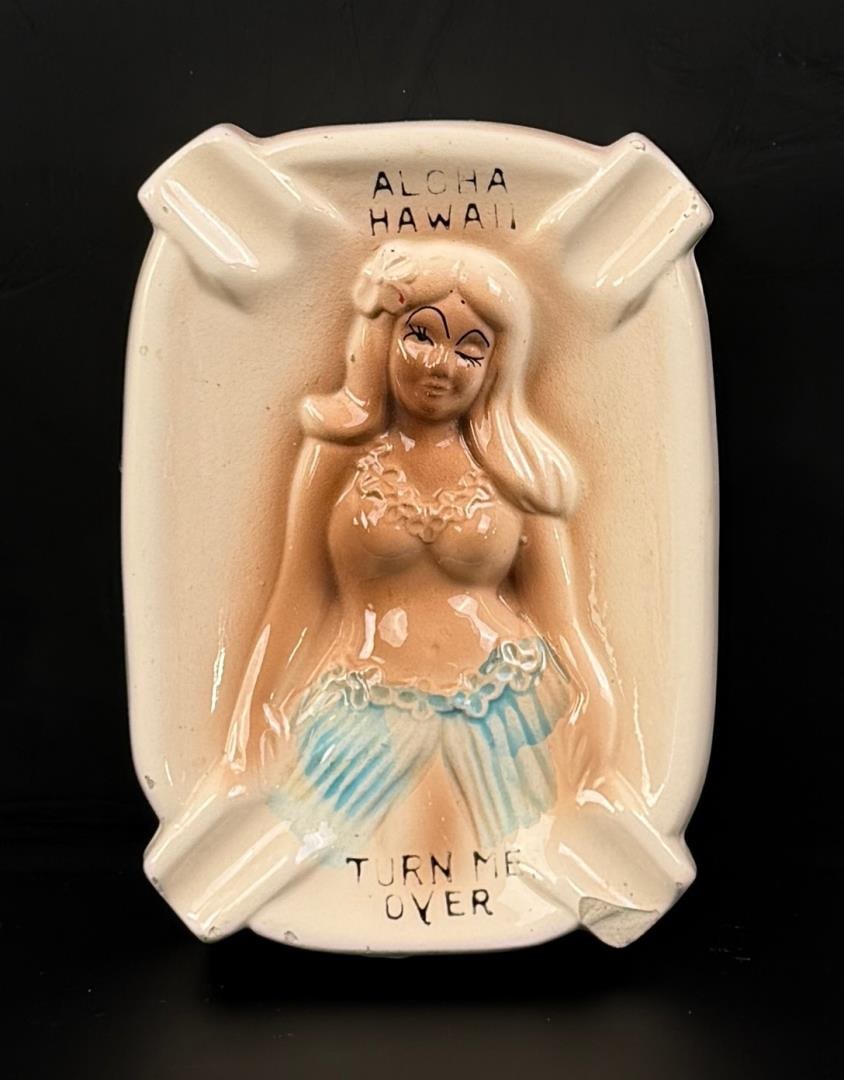 Aloha Hawaii Nude Hula Girl Ashtray: 6 1/2" by 4 5/8". Chipped.