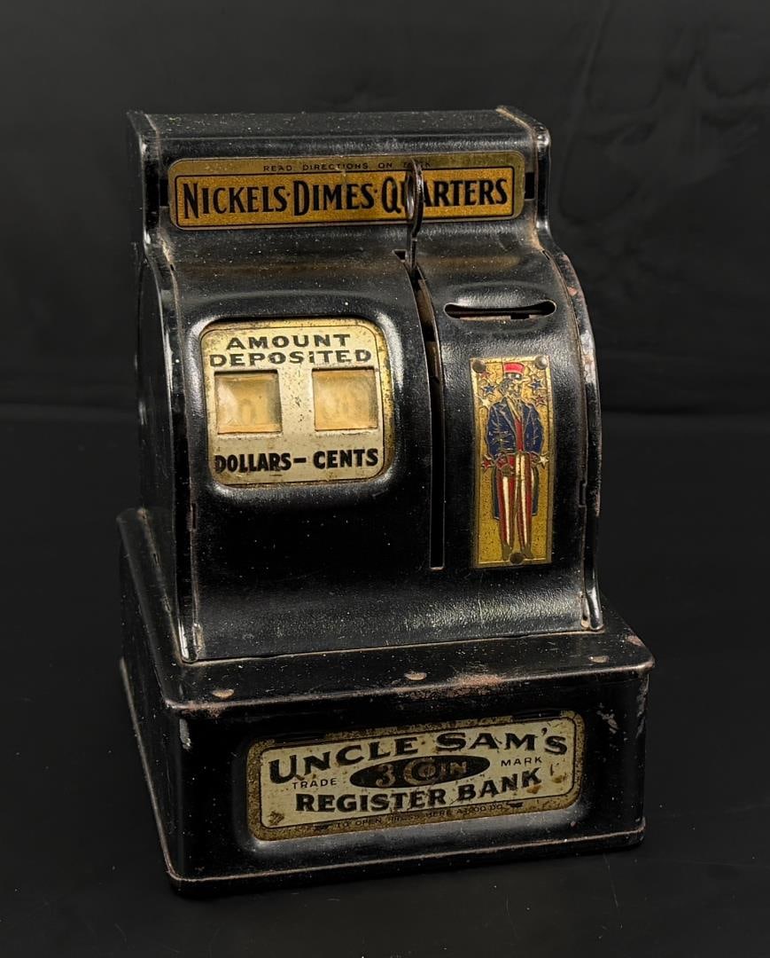 Uncle Sam 3 Coin Register Bank: 4 1/2" by 5 1/4" by 6".