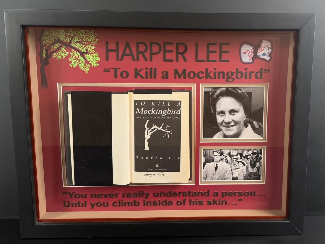 Harper Lee Signed To Kill a Mockingbird Book: 19" by 24 1/4" framed. Comes encased with photos and a certificate of authenticity.