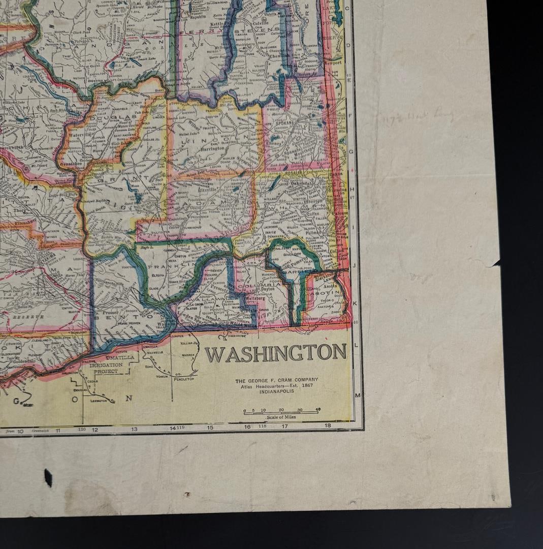 1927 George Cram Washington State Map: 13 1/4" by 19".
