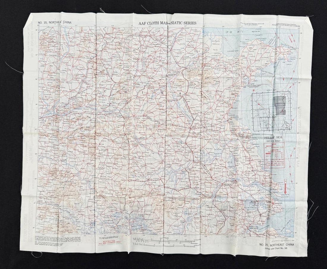 WW2 Silk Pilots Escape and Evasion Map Asiatic: 20 1/2" by 25 1/2". Northeast China No. 35. Southeast China No. 34 on reverse.