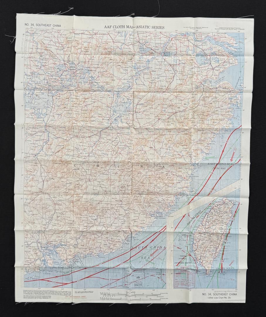WW2 Silk Pilots Escape and Evasion Map Asiatic: 20 1/2" by 25". Northeast China No. 35. Southeast China No. 34 on reverse.