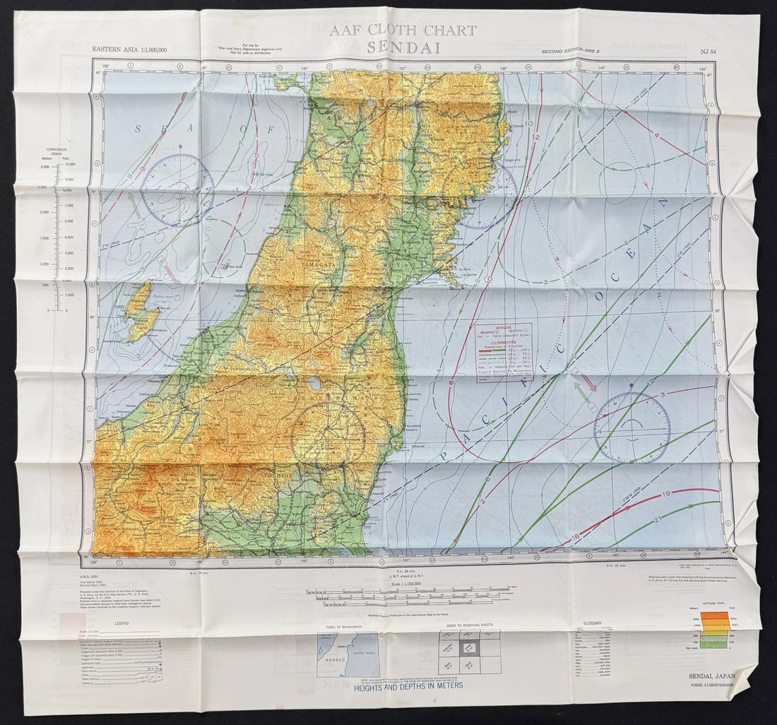WW2 Silk Pilots Escape and Evasion Map Kanazawa: 23" by 24". NJ 53. Sendai, Japan cloth map on reverse. NJ54.