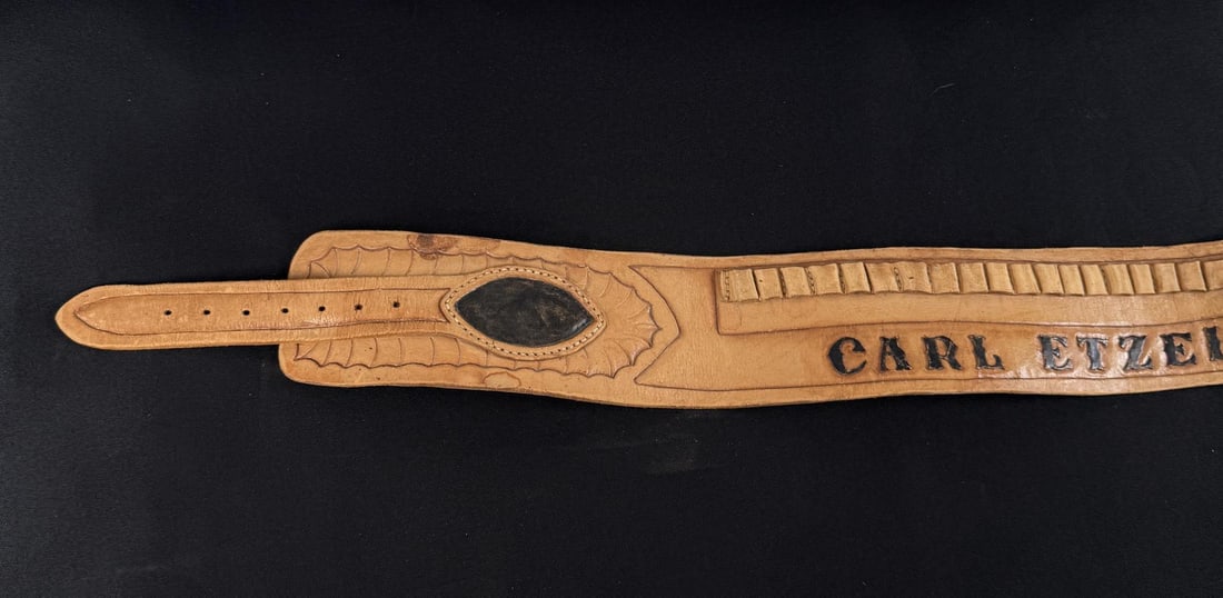 Theater Made Tooled Leather Gun Belt: 44" long from belt to belt tip. Named to a Private Carl Etzel Jr.