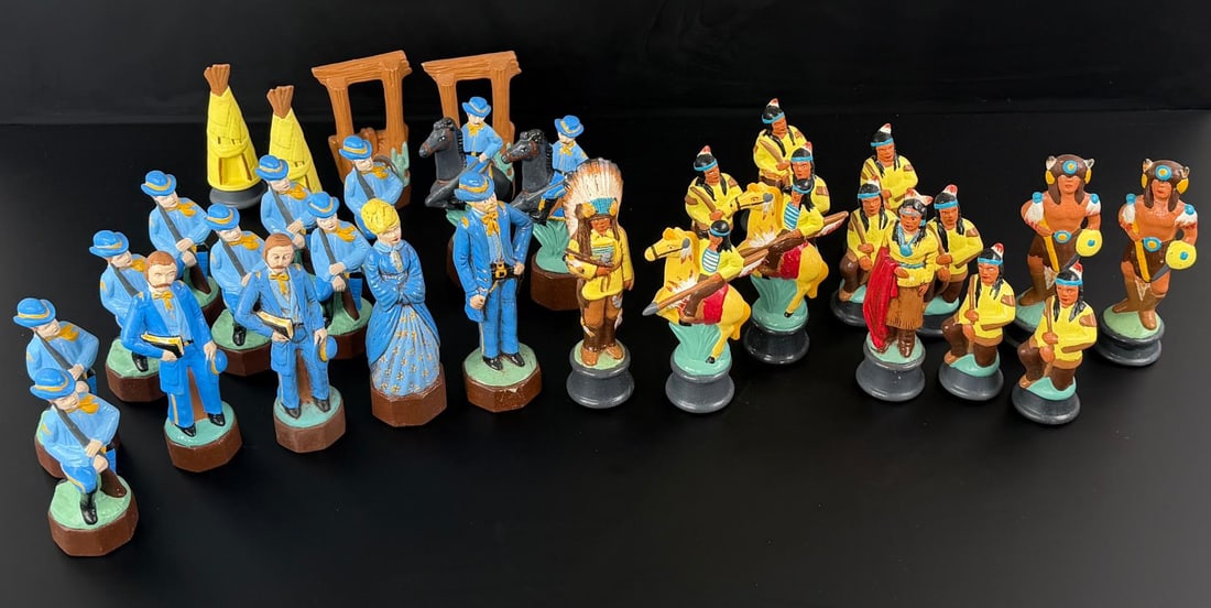 Atlantic Mold Cowboys & Indians Chess Set: 32 Pieces total. Western themed, featuring Cowboys and Indians. Largest piece is 6 1/4" tall.