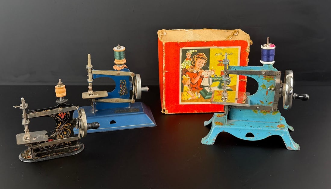 German Made Toy Sewing Machines: Nice grouping, includes a Casige Little Modiste, with its original box.