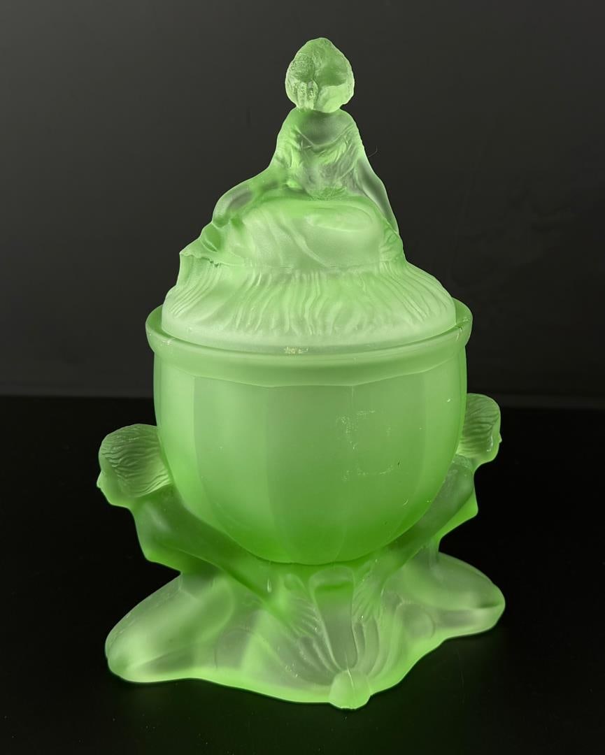 Art Deco Dermay Green Satin Glass Nude Jar: 4 7/8" by 5 1/8" by 9 3/8". Mismatched lid and base.