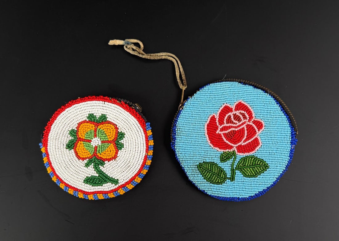Plateau Native American Indian Beaded Pouches: Largest is 3 3/4" diameter. First Half of the 20th Century. One has zipper issues.