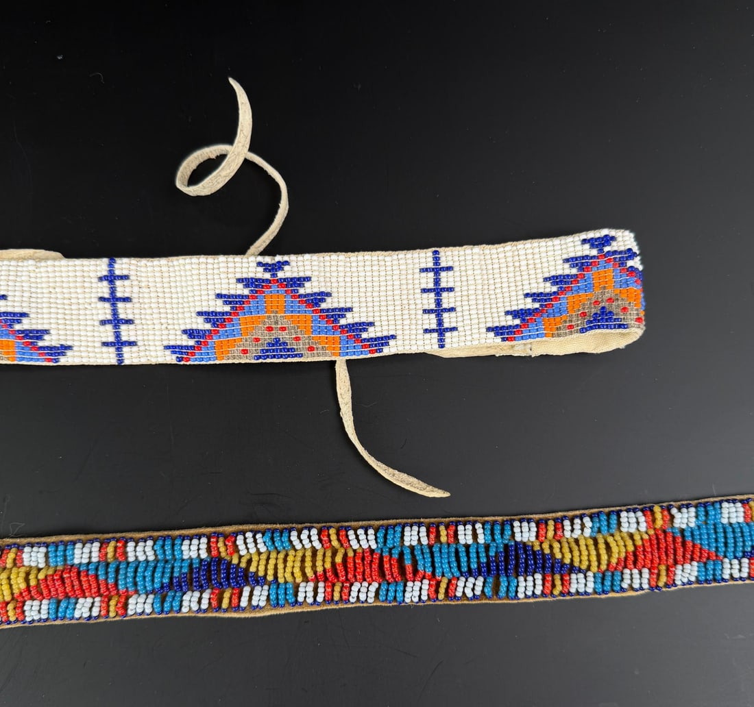 Native American Indian Beaded Belt and Hat Band: The belt is 27 3/8" long.