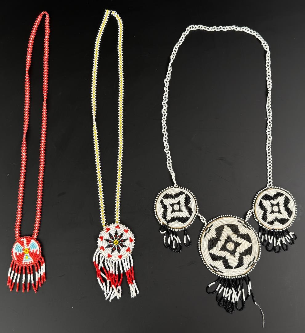 Native American Indian Beaded Rosette Necklaces: The necklace with 3 rosettes is 16 1/8" Long as displayed.