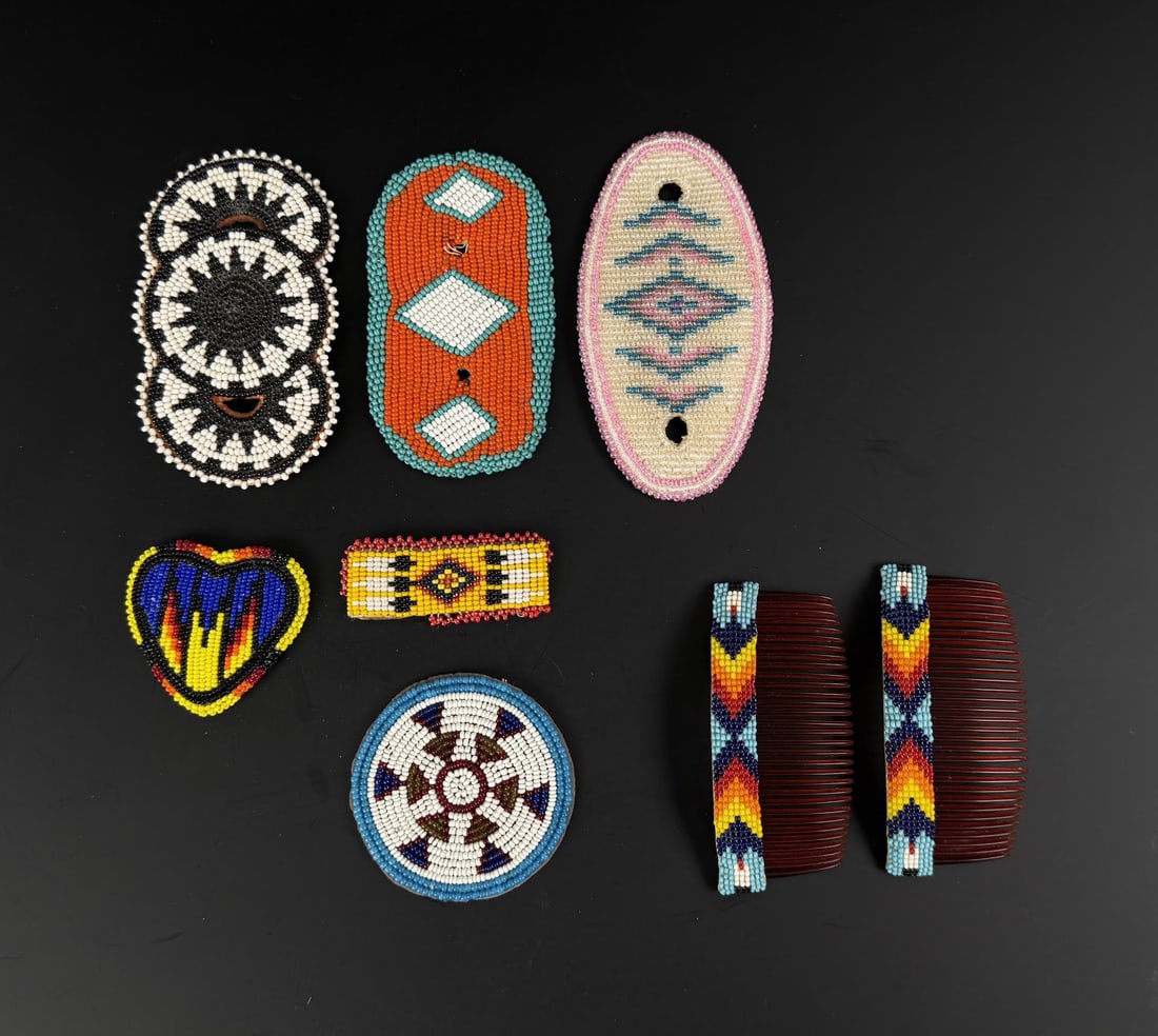Native American Indian Beaded Hair Ornaments: The black and white barrette is 4 1/4" long.