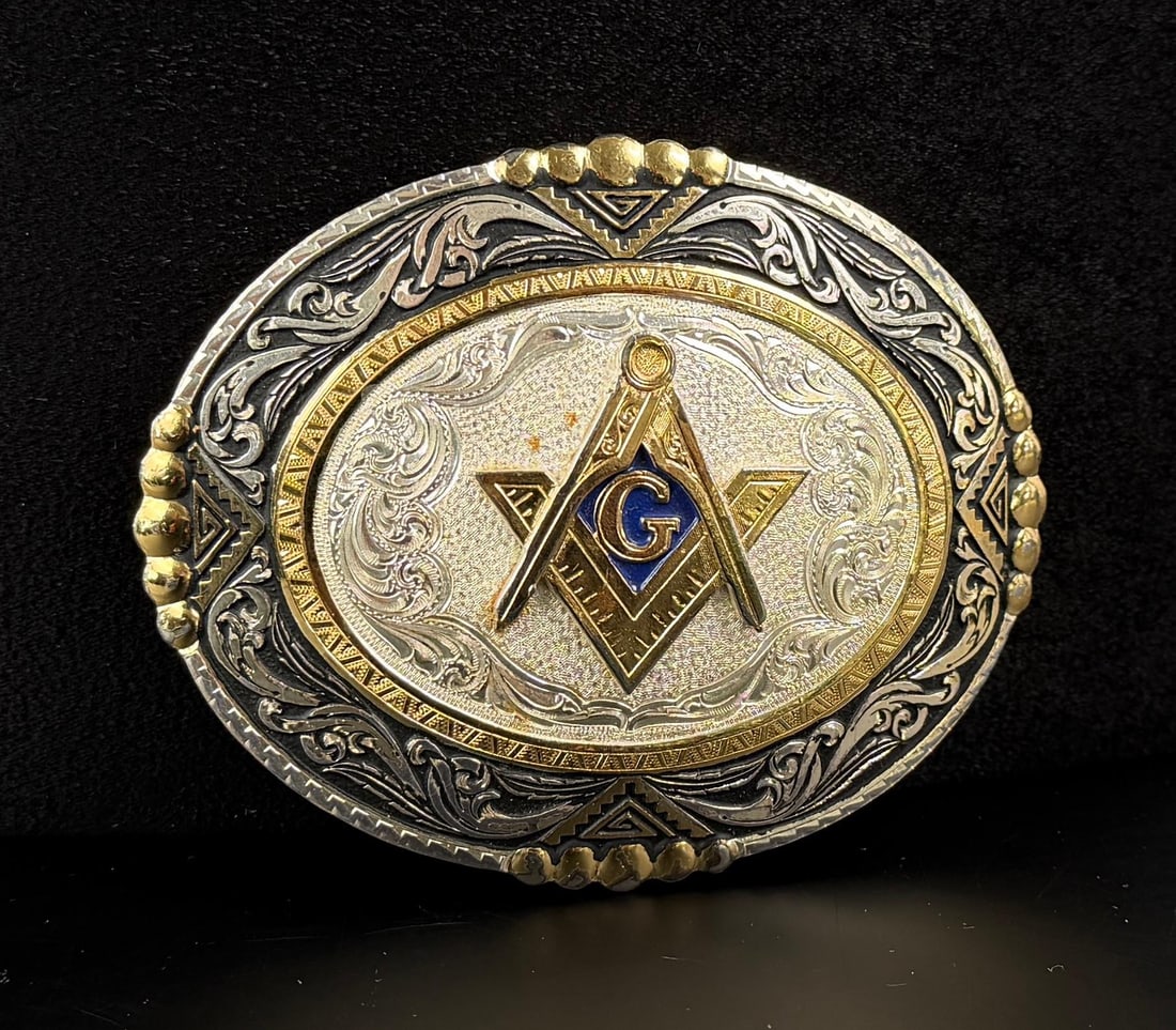 Montana Silversmiths Masonic Belt Buckle: 3 1/8" by 3 3/4".