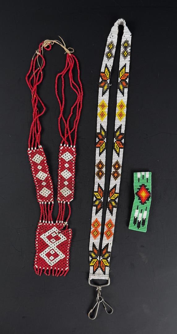 Native American Indian Beaded Necklaces Bracelet: Nice grouping. The lanyard is 18" long as displayed.