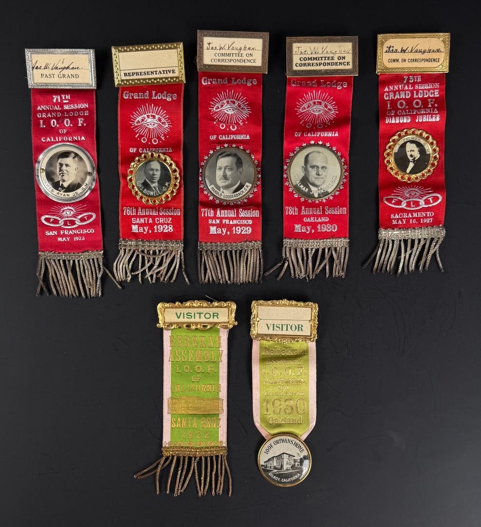 Collection of California IOOF Odd Fellows Ribbons: Nice grouping. Ribbons from the 1920s and 1930s from San Francisco, Santa Cruz, Oakland, Sacramento. The largest one measures 2 1/4" by 7 3/4".