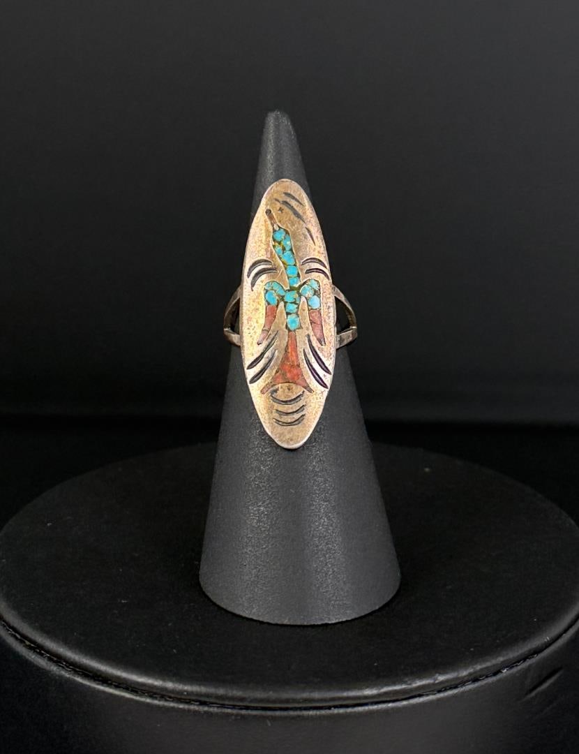Jimmy Nezzie Navajo Sterling Peyote Bird Ring: Inlaid with Turquoise and Coral. Size 5. 4.81 grams.