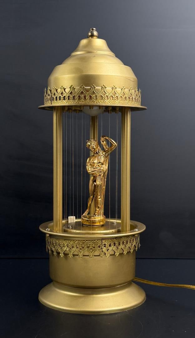 Mid Century Greek Goddess Table Oil Rain Lamp: Working, oil has been emptied for shipping. New oil is needed. 15 7/8" by 8 1/4" by 7".