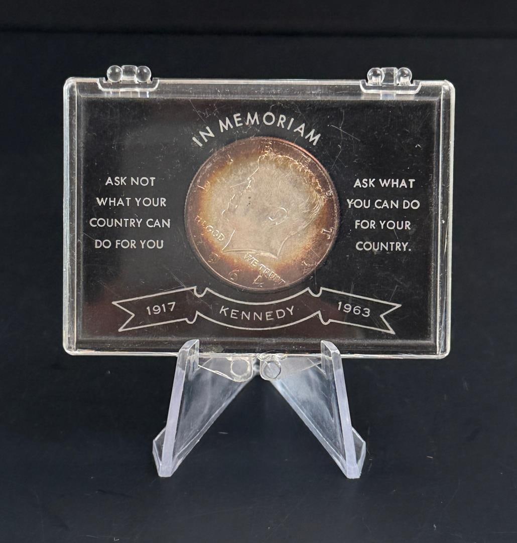 1964 Kennedy Silver Half Dollar: In Memoriam Case. Nicely Toned.