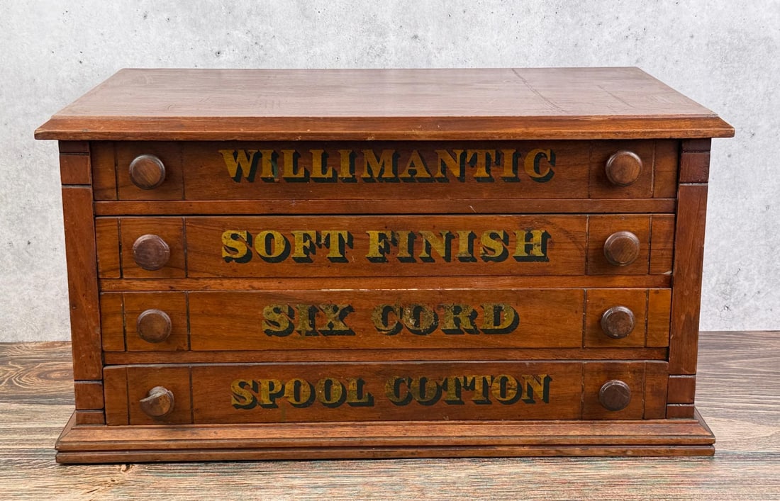 Willimantic Six Cord Store Display Spool Cabinet: 25" by 15" by 13"