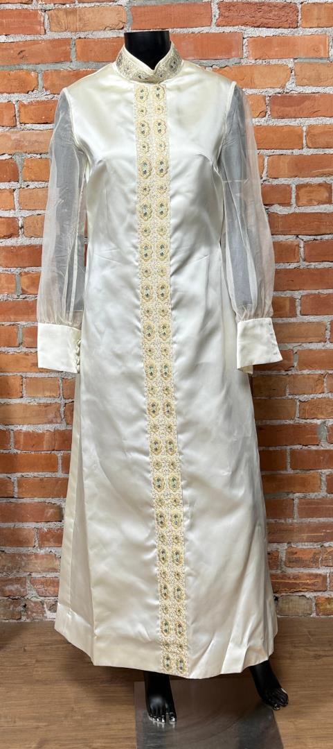 Vintage Silk Kaftan Dress: 18" armpit to armpit, 16" shoulder to shoulder. 54 1/2" long.