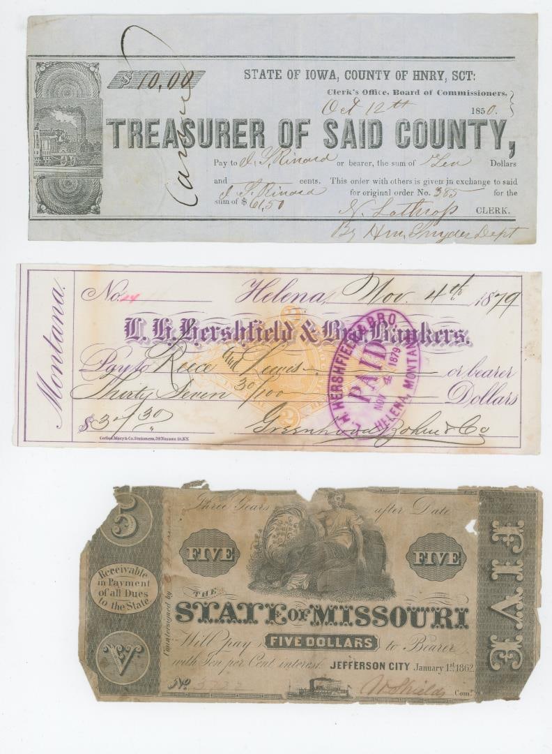 Collection of Antique Currency and Checks: State of Iowa 1850, Helena Montana Territory 1879, 1862 State of Missouri $5, El Banco Del Estatdo De Chihuahua Diez Pesos.