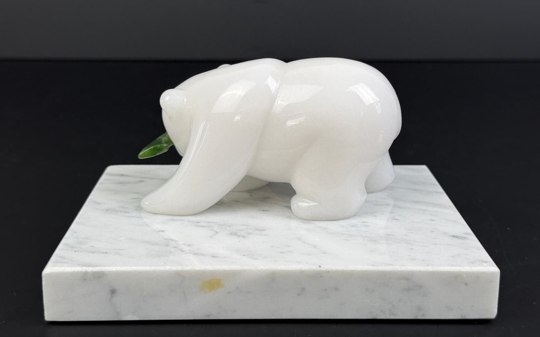 Alaskan Inuit Eskimo Carved Jade Bear: Fish has been broken and repaired. 4 1/4" by 2 1/2" by 2 1/4"