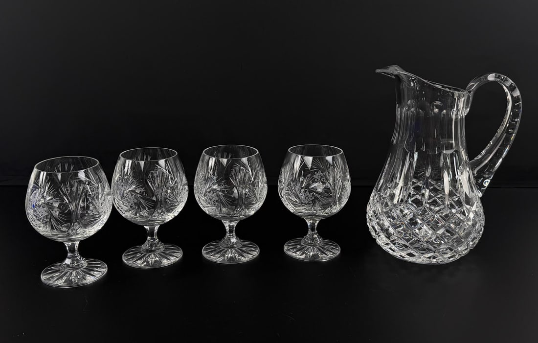 Cut Glass Crystal Brandy Snifters & Pitcher: Pitcher measures 8 5/8" tall