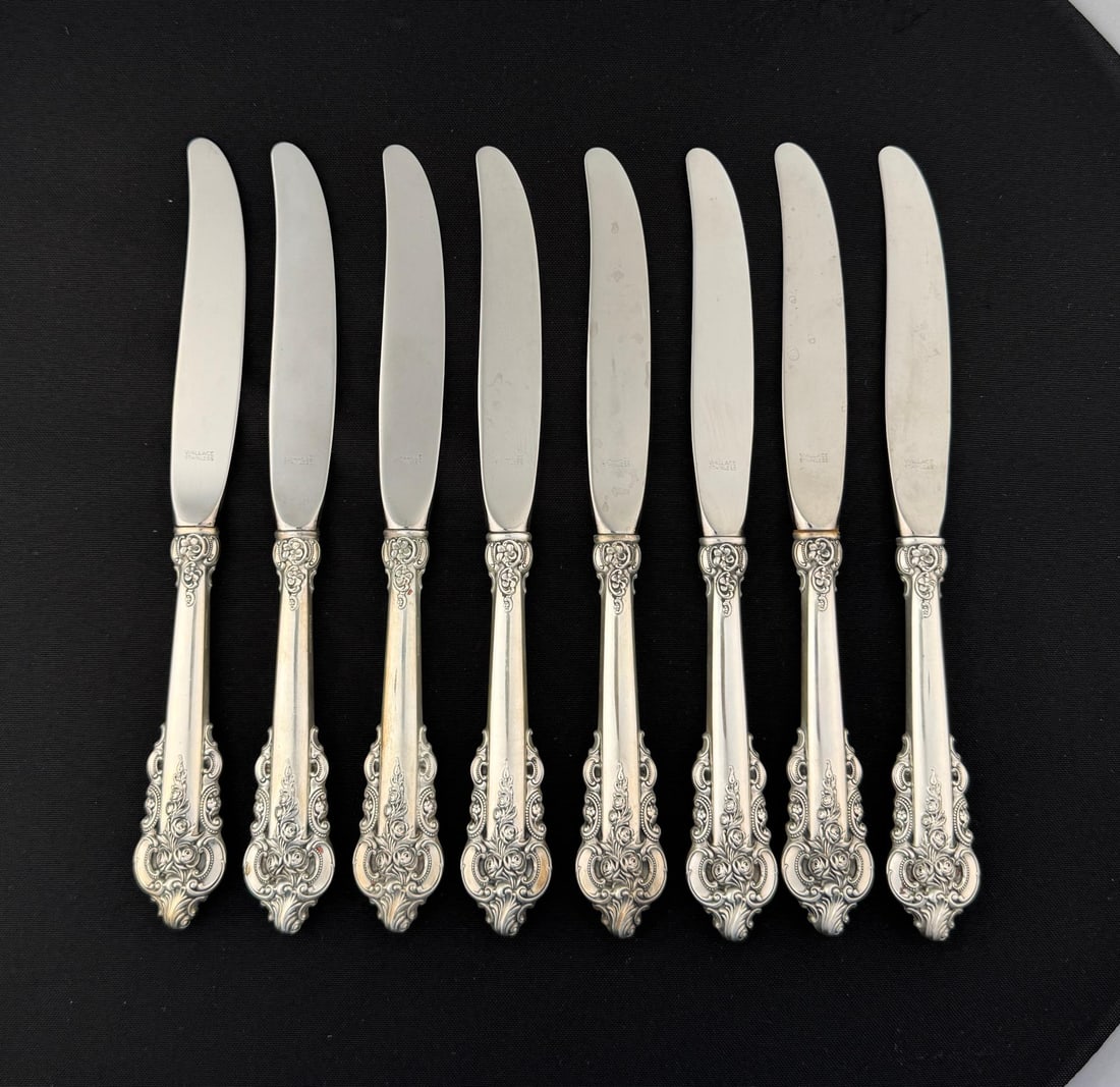 Wallace Grande Baroque Sterling Silver Knives: 8 total butter knives in the Grande Baroque Sterling design introduced by Wallace Silversmiths in 1941.