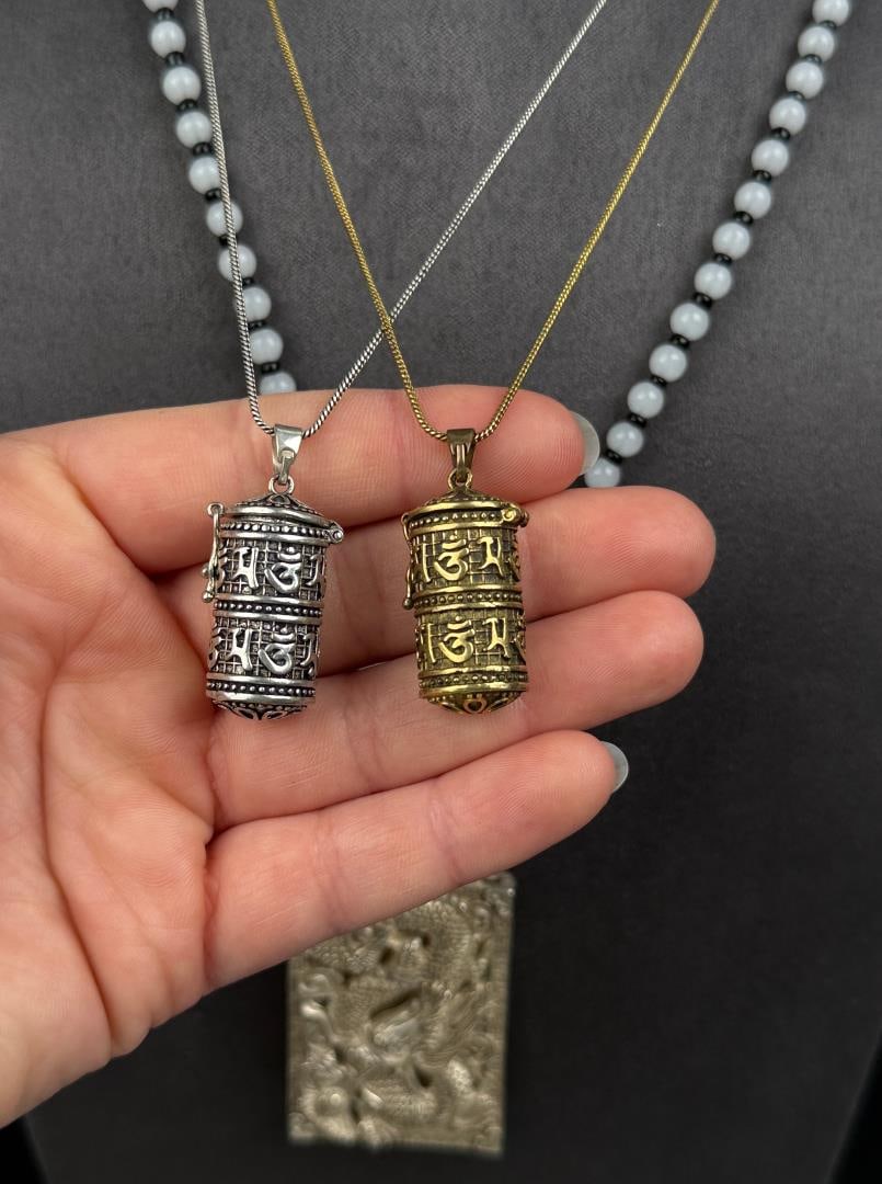 Chinese Tibetan Prayer Wheel Dragon Necklaces: Nice grouping. Largest is 15 1/8" long as displayed.