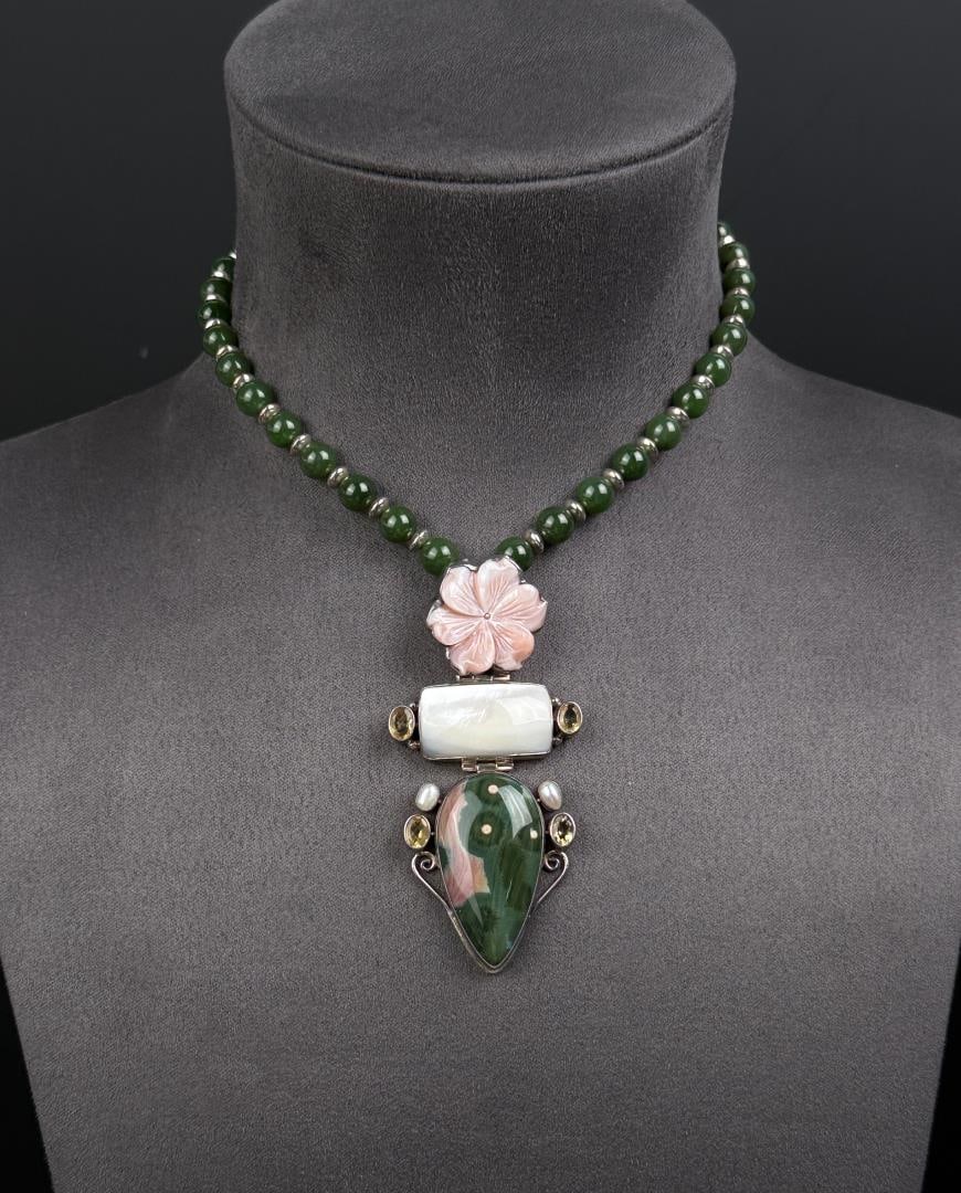 Sterling Silver Jade Ocean Jasper Necklace: 63.04 grams. 11" long as displayed.
