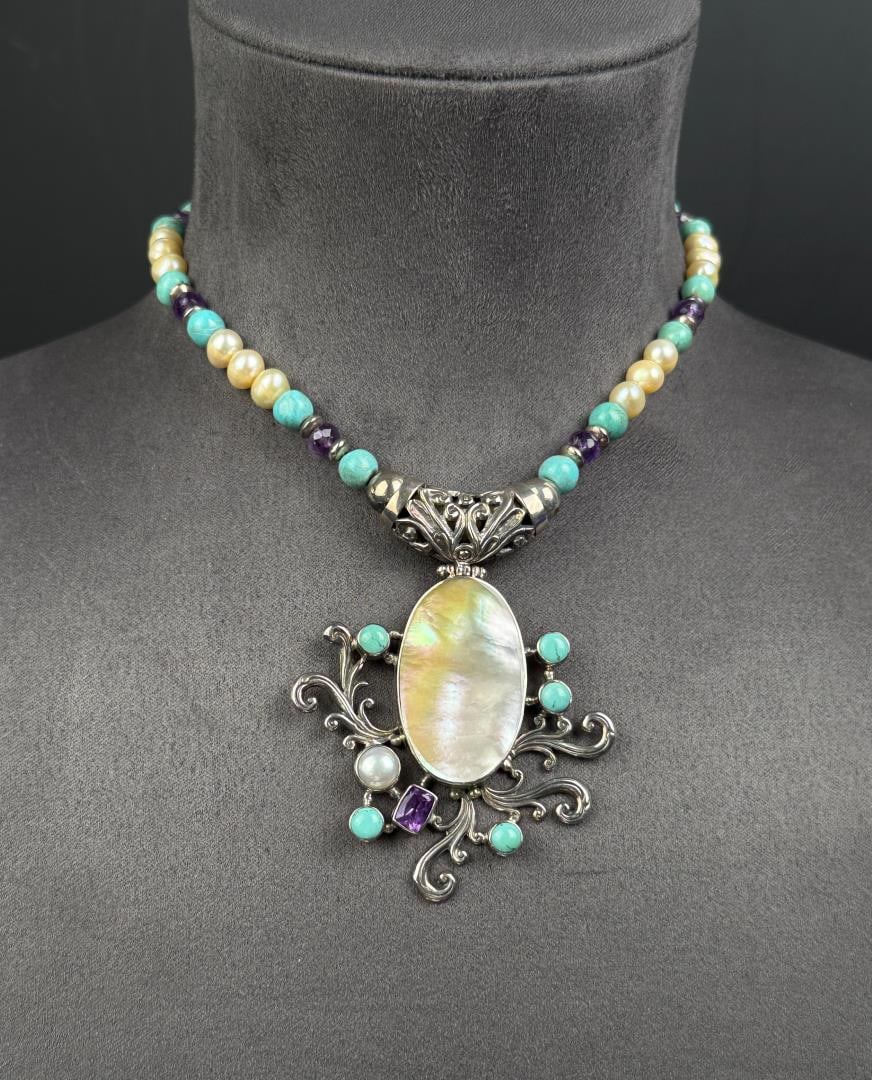 Sterling Silver Pearl Turquoise Amethyst Necklace: 10 1/2" long as displayed. 63.02 grams.