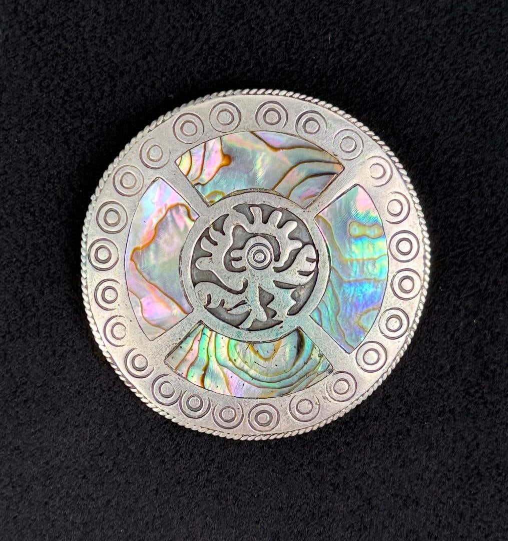 Taxco Mexico Sterling Silver Brooch: 2 1/8" diameter. 19 grams.