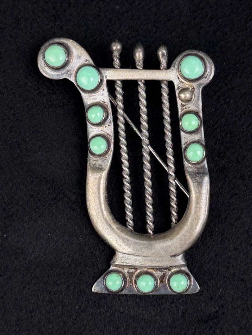 Taxco Mexico Sterling Turquoise Harp Lyre Brooch: 14.78 grams. 1 1/2" by 2 1/4".