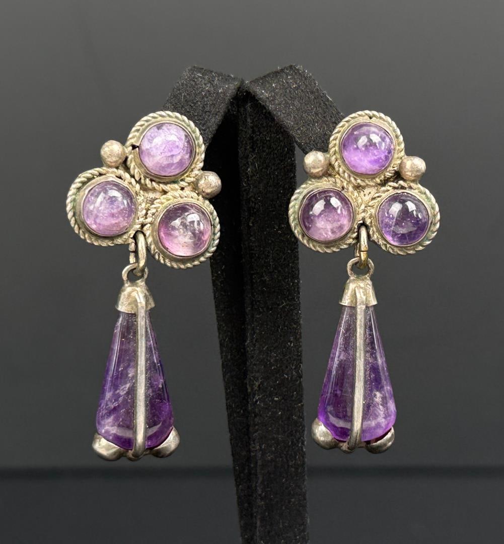 Taxco Mexico Sterling Silver Amethyst Earrings: 13.51 grams. 1 5/8" long.