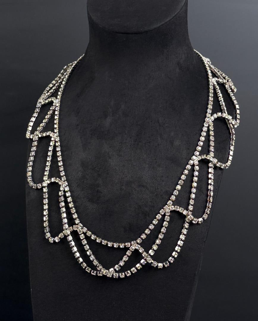 Rhinestone Costume Jewelry Collar Necklace: 14 1/8" long as displayed.