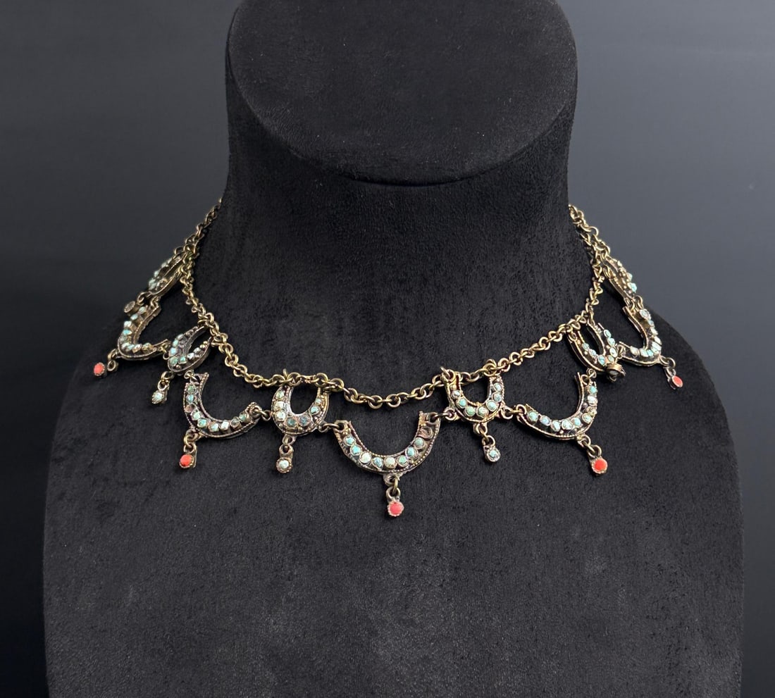 Antique Coral and Turquoise Tribal Collar Necklace: 9" long as displayed.