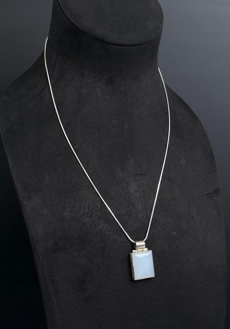 Sterling Silver Blue Chalcedony Necklace: 13.73 grams. 12 7/8" long closed.