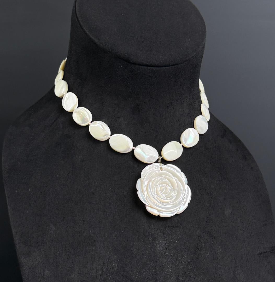 Carved Flower Mother of Pearl Necklace: 9 1/2" long as displayed.