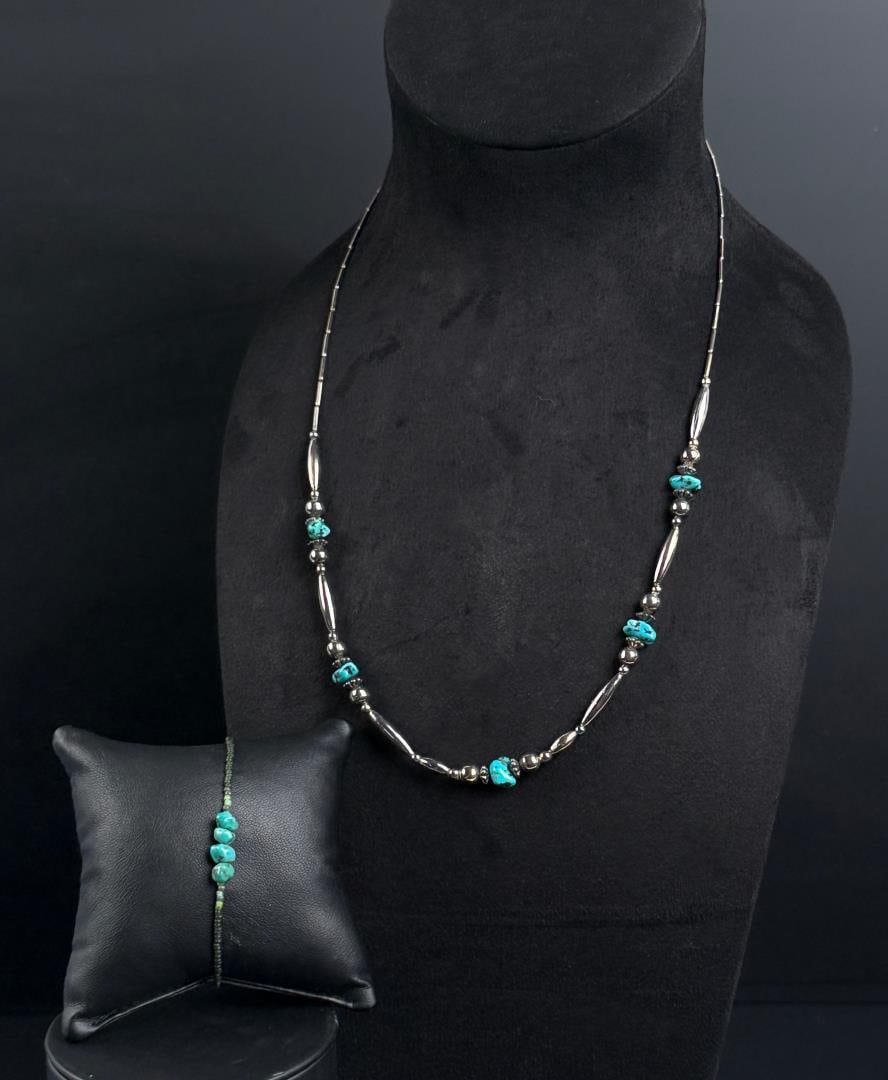 Navajo Sterling Silver Turquoise Necklace Bracelet: Necklace is 12 1/4" long as displayed.