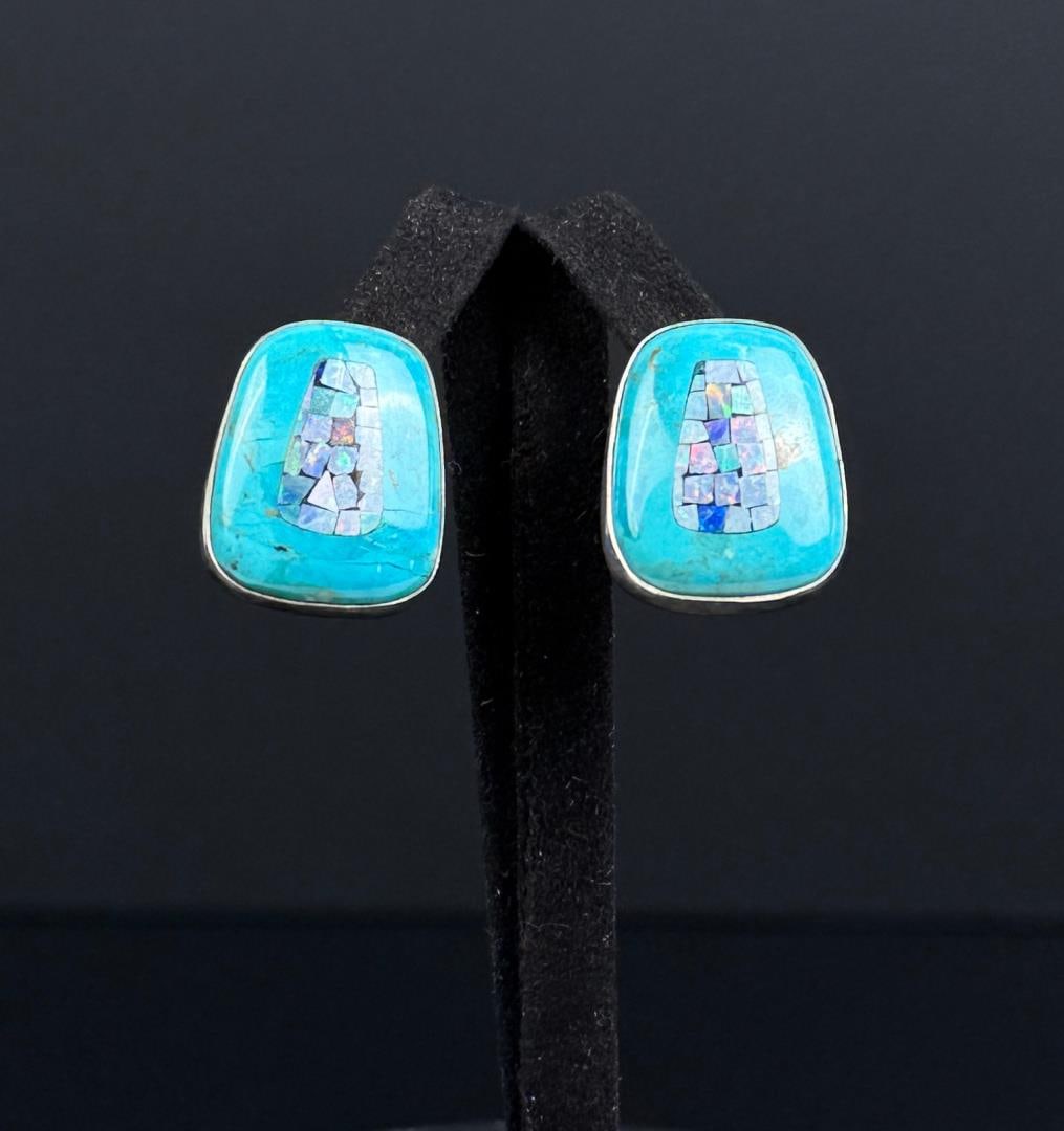 Jay King Desert Rose Trading Turquoise Earrings: Opal Inlay on Sterling Silver. 7/8" long. 12.95 grams