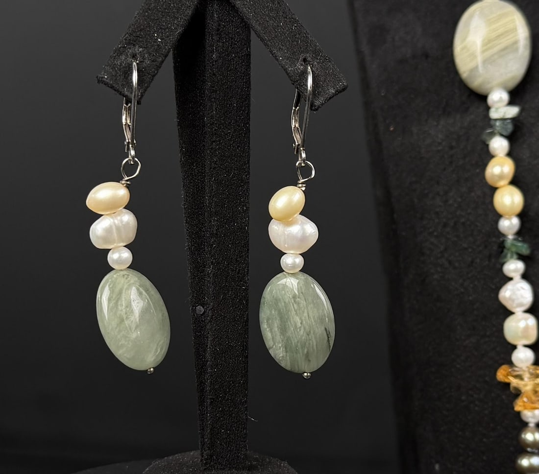 Jasper and Tahitian Pearl Jewelry Suite: Necklace is 19" long as displayed.