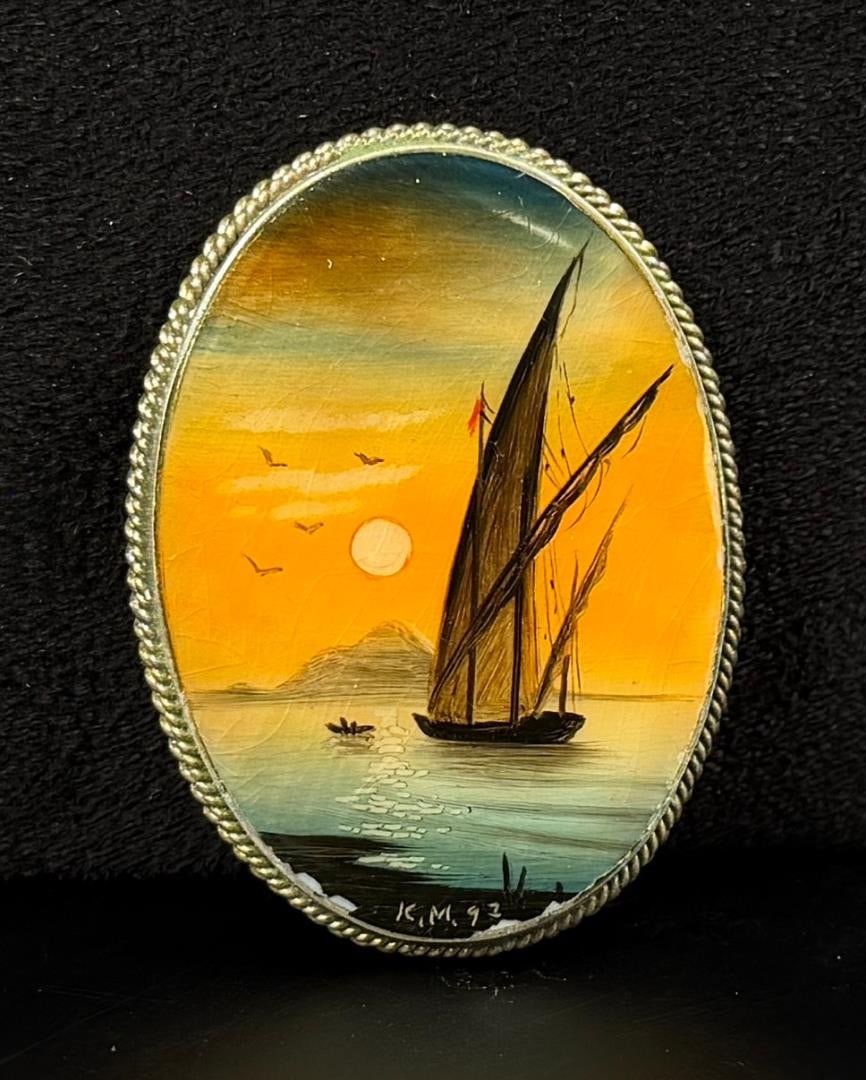 Painted Porcelain Sailboat Brooch: 1 1/2" by 2"