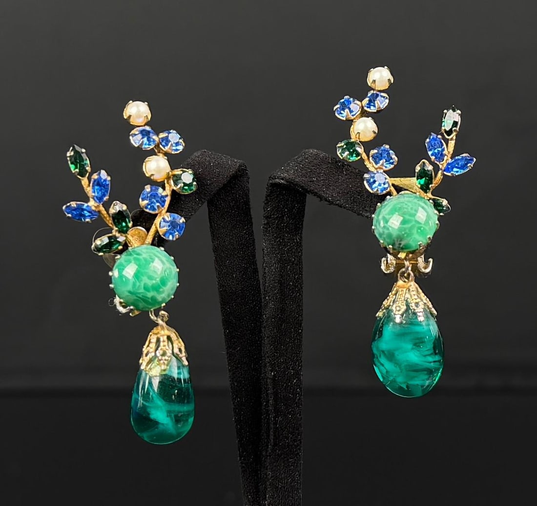 Rhinestone Costume Jewelry Clip On Earrings: 7/8" by 2 1/4" each.