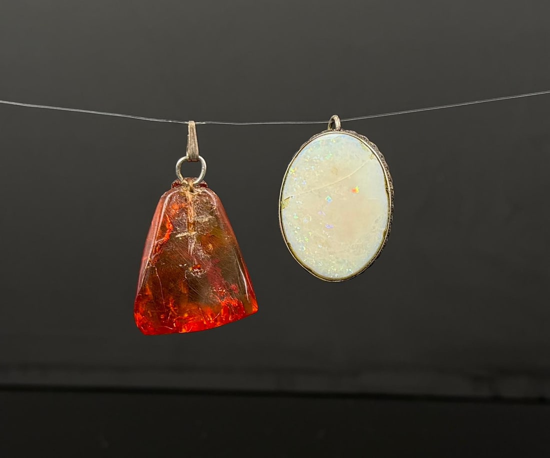Sterling Silver Opal and Amber Pendants: Largest is 1 1/2" long. 17.73 grams total.