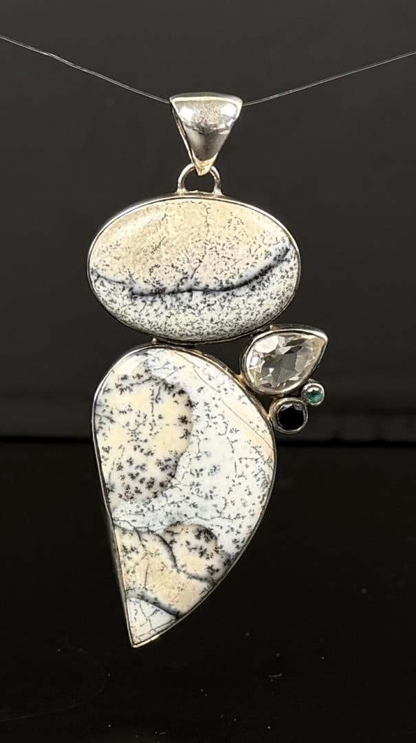 Sterling Silver Dendritic Agate Merlinite Pendant: 3 1/2" long. 28.52 grams.
